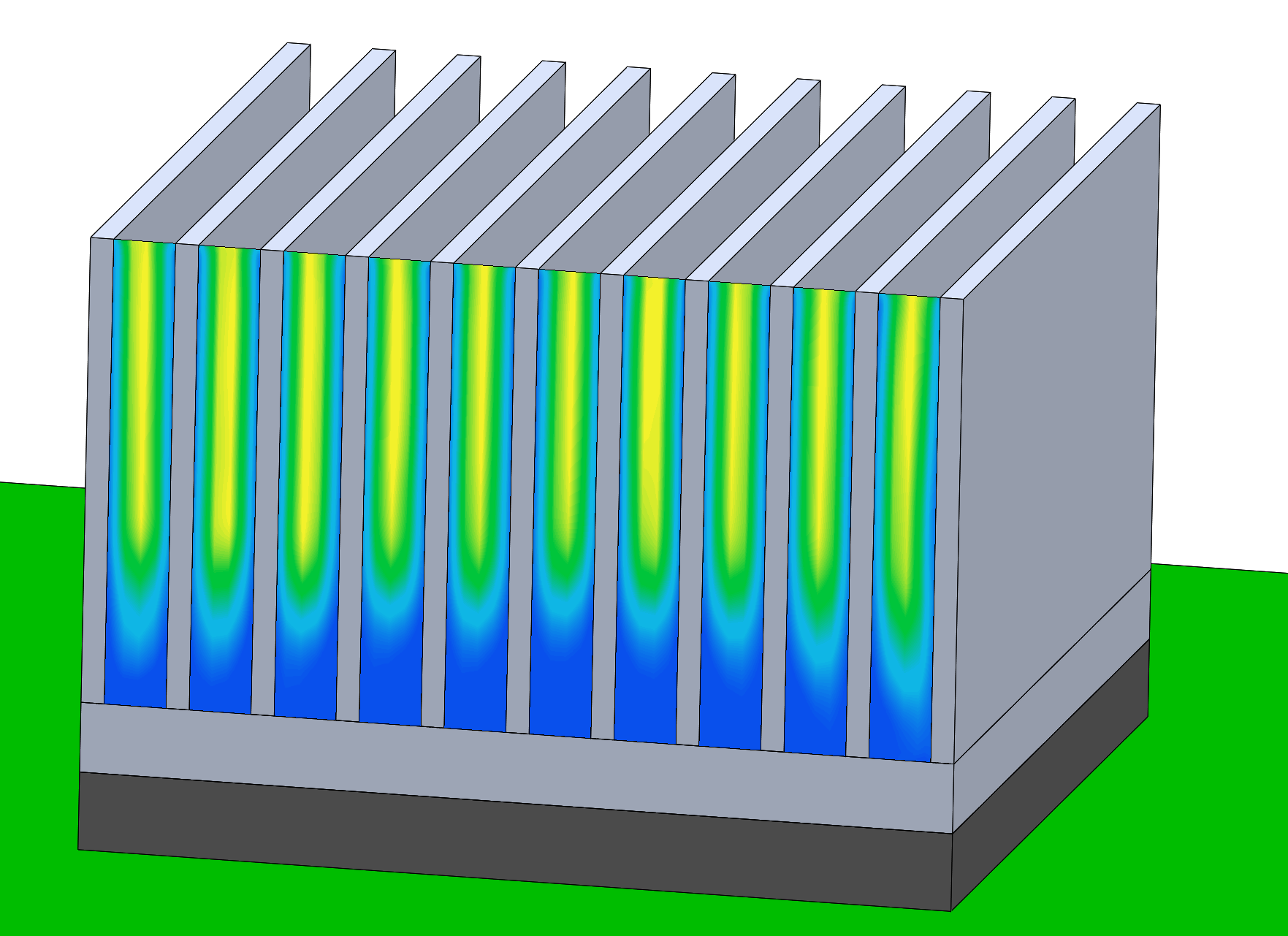 Surface plot of air speed between heat sink fins in Simcenter Flotherm XT