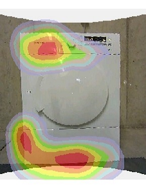 The acoustic camera show the sound sources as red spots on the dryer's door.