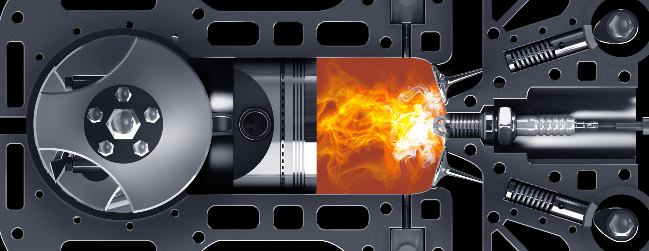 Cross-section view of a V6 engine firing up