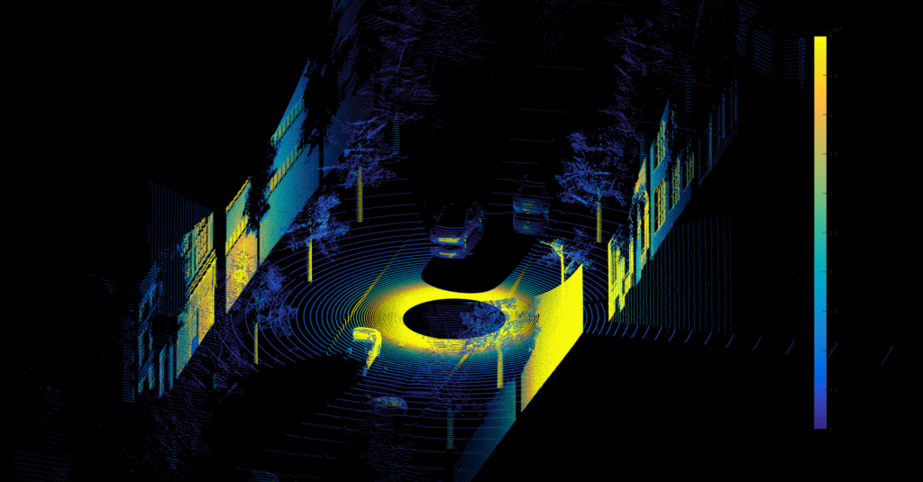 This figure shows a generated lidar point cloud with a mirror image of a vehicle reflected on a puddle. This can only be accurately recreated by using multi-bounce effects in simulation.