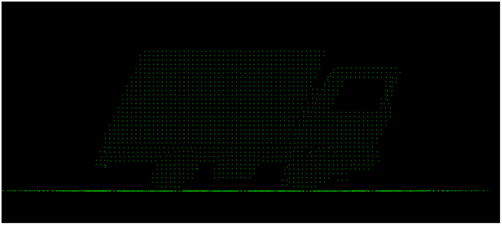 This figure shows the point cloud of a truck that is distorted (tilted) due to the motion effects based on the scan pattern of the lidar sensor.