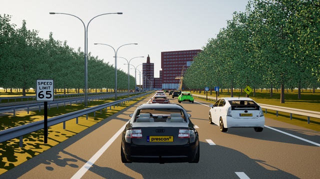 Screenshot of the Simcenter Prescan Software: cars driving on a speedway.