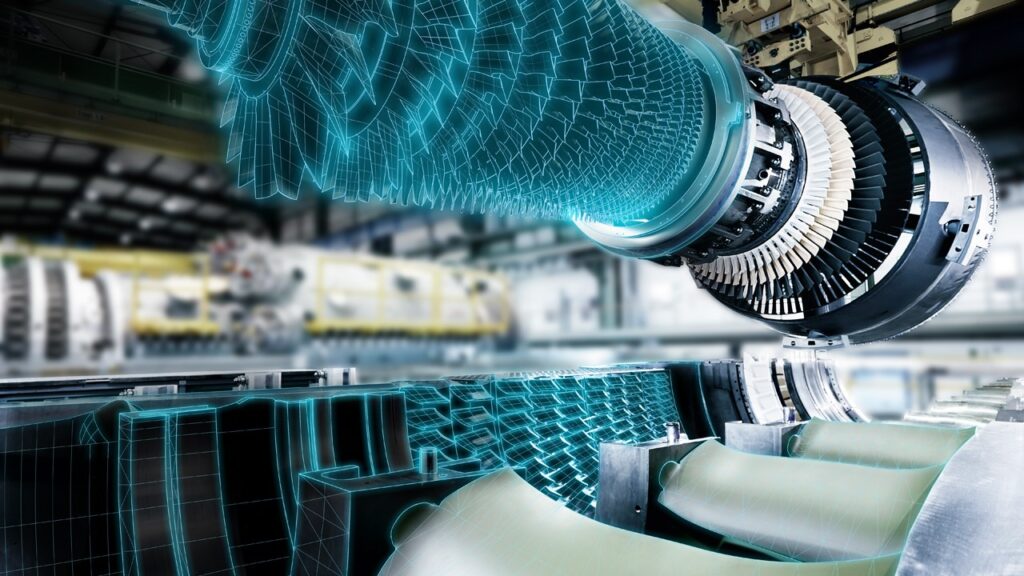 The digital twin of a gas turbine. Simulation of reacting flows is a key for efficient development of future combustion systems