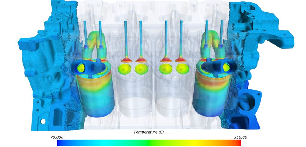 Simcenter STAR-CCM+ CFD simulation showing engine thermal analysis courtesy of R&D CFD