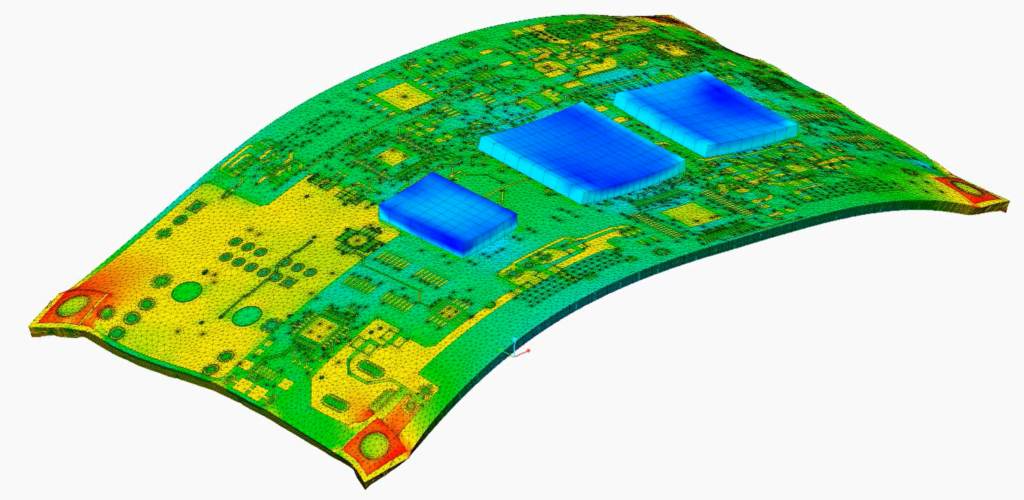 A deformed PCB modeled with the SmartPCB FEM feature.