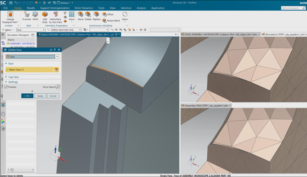 Multiple tabbed windows in Simcenter 3D showing iPart, FEM and AFEMs