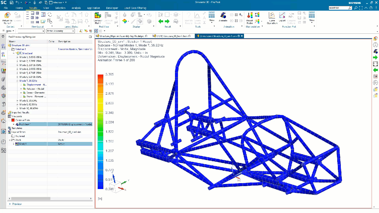 Visualize deformation results on a race car frame beam model