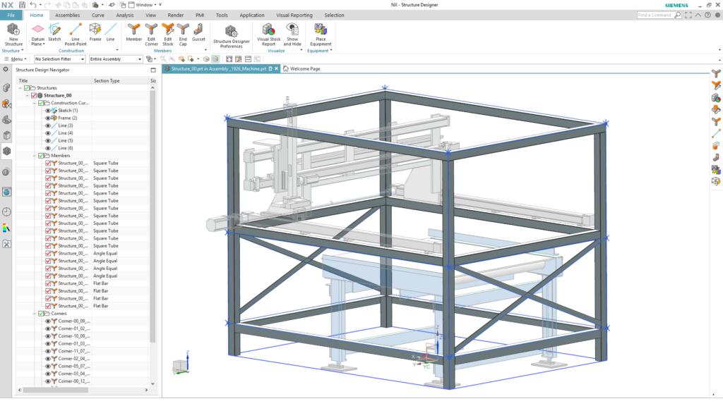 An example of geometry for a welded frame, used for stiffening a tooling machine