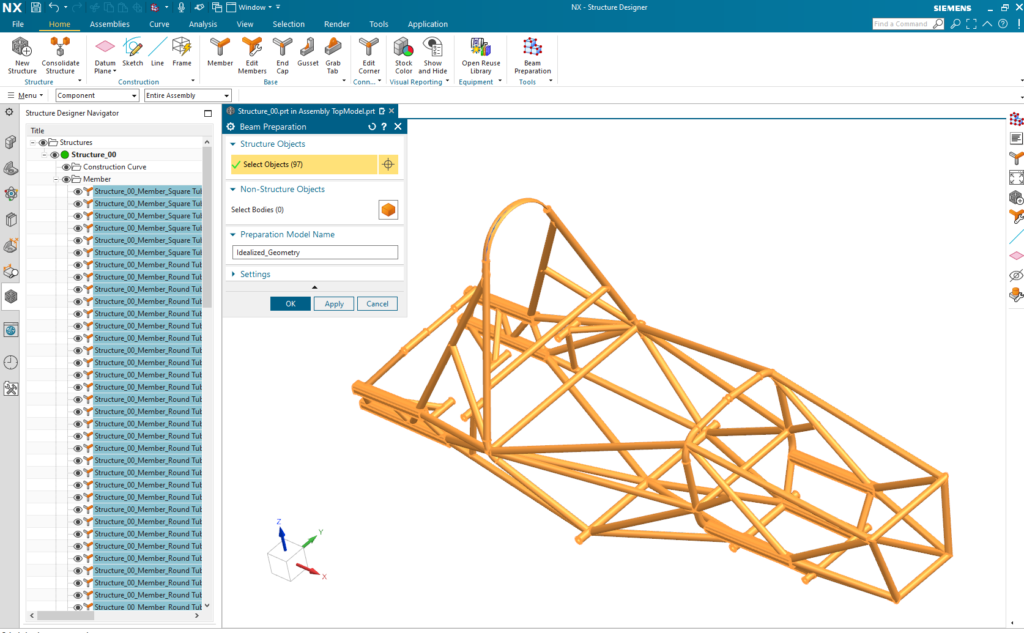 Create idealized geometry for beam model in NX with new Beam Preparation command