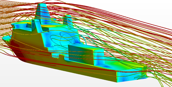 streamlines showing aerodynamic wake behind a multi-role vessel. Free trial tutorial.