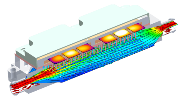 Cut plot showing speed of fluid movement and temperature inside an IGBT