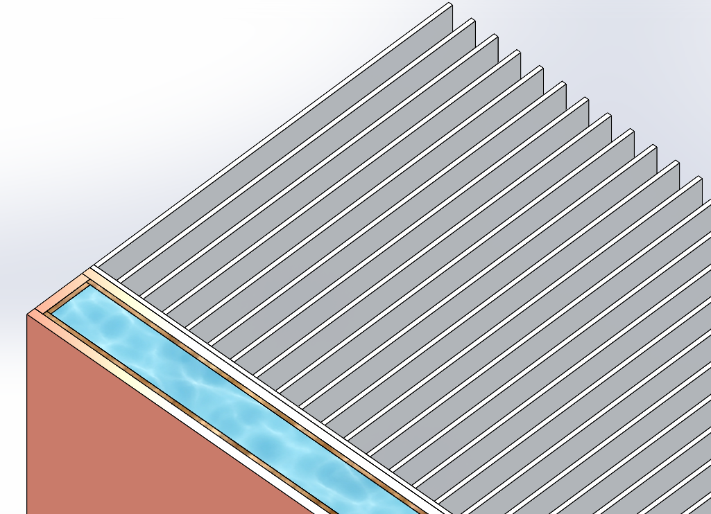 Cross-section cut showing the solid material layers used to represent the vapor chamber, which is attached to the aluminium heat sink fins