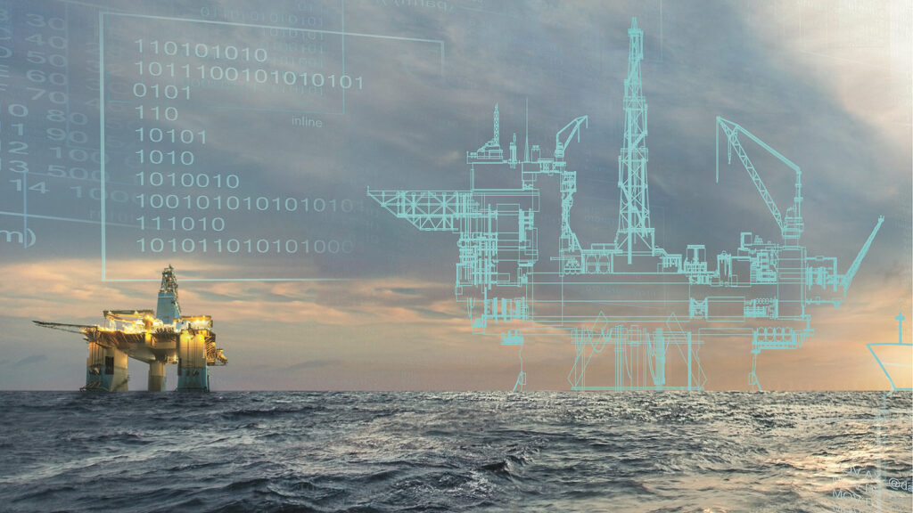 Offshore oil platform with its wireframe representation symbolizing the digital twin