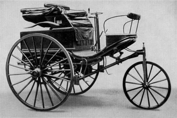The Benz Patent-Motorwagen Number 3 of 1886, used by Bertha Benz for the highly publicized first long distance road trip, 106 km (66 mi), by automobile