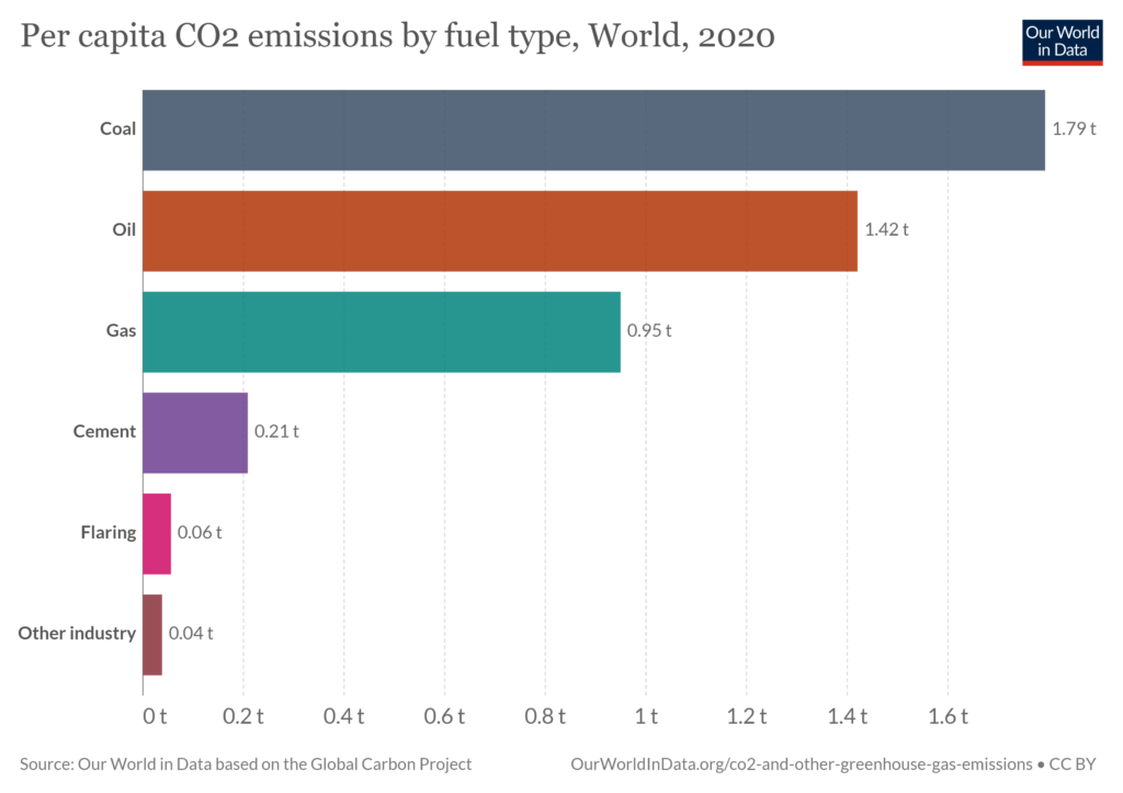 Per capita CO2 emissions by fuel type, World 2020