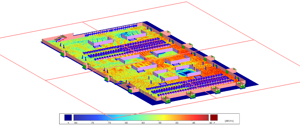 EM coverage of a factory floor produced by an antenna array