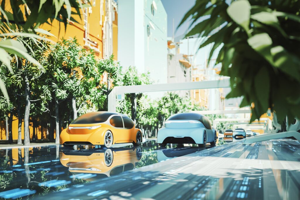 Futuristic green city with autonomous electric cars. 
