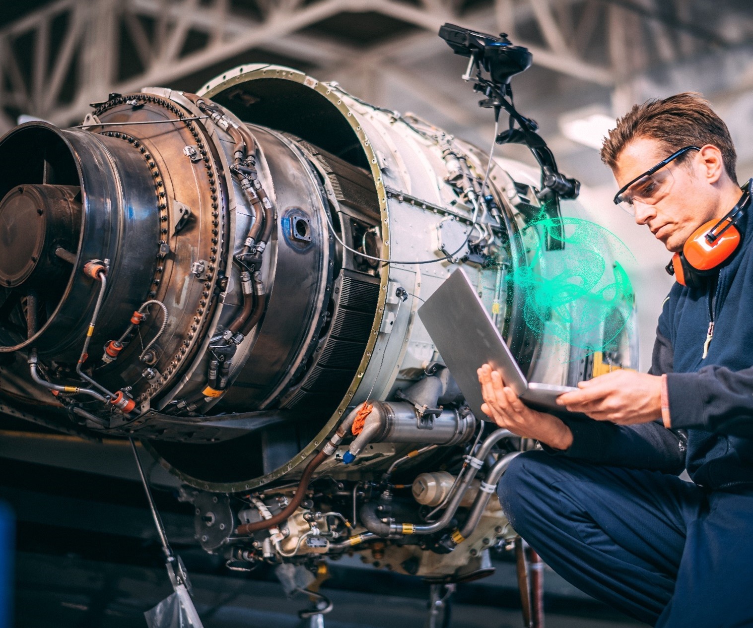 Engineer using a jet engine digital twin