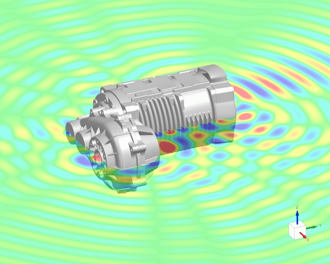 The vibro-acoustics of an electromagnetic motor are shown in this gif, as a result of the combined effects of both the electrical and mechanical systems.  