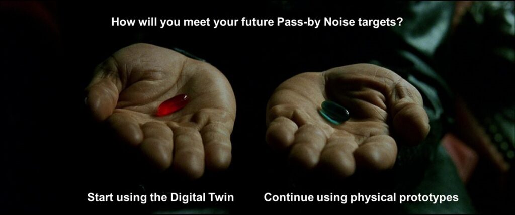 Morpheus offering the red pill ('use the DIgital twin') or the blue pill (''keep using physical prototypes)