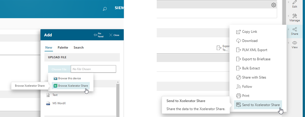 Upload data from, or send data to Xcelerator Share from Teamcenter Simulation