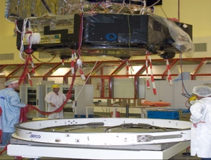 A spacecraft that is being prepared for shock testing.