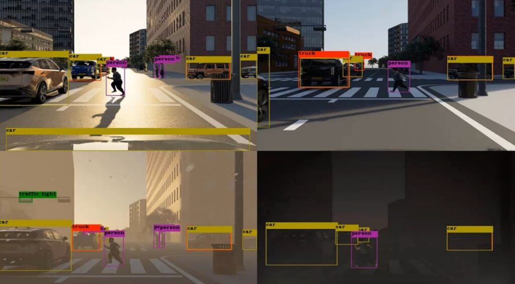 Parallel testing of the performance of Yolo4 object detection algorithm in four different weather and lighting conditions using Simcenter Prescan Physics-Based camera.