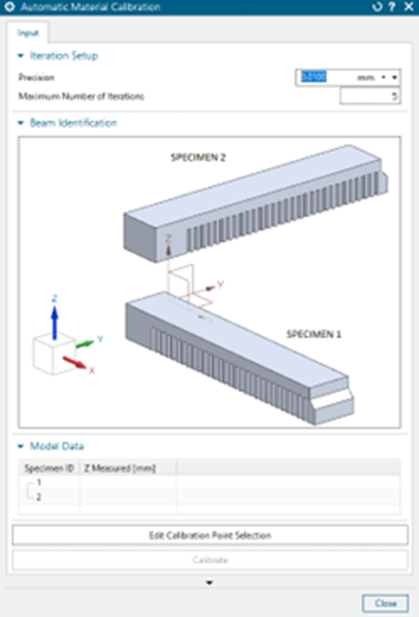 Simcenter 3D Powder Bed Fusion calibration wizard GUI. 