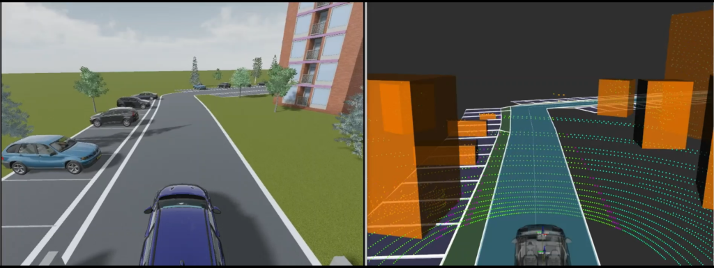 Simcenter Prescan Viewer (left) and Autoware (Rviz) viewer (right)