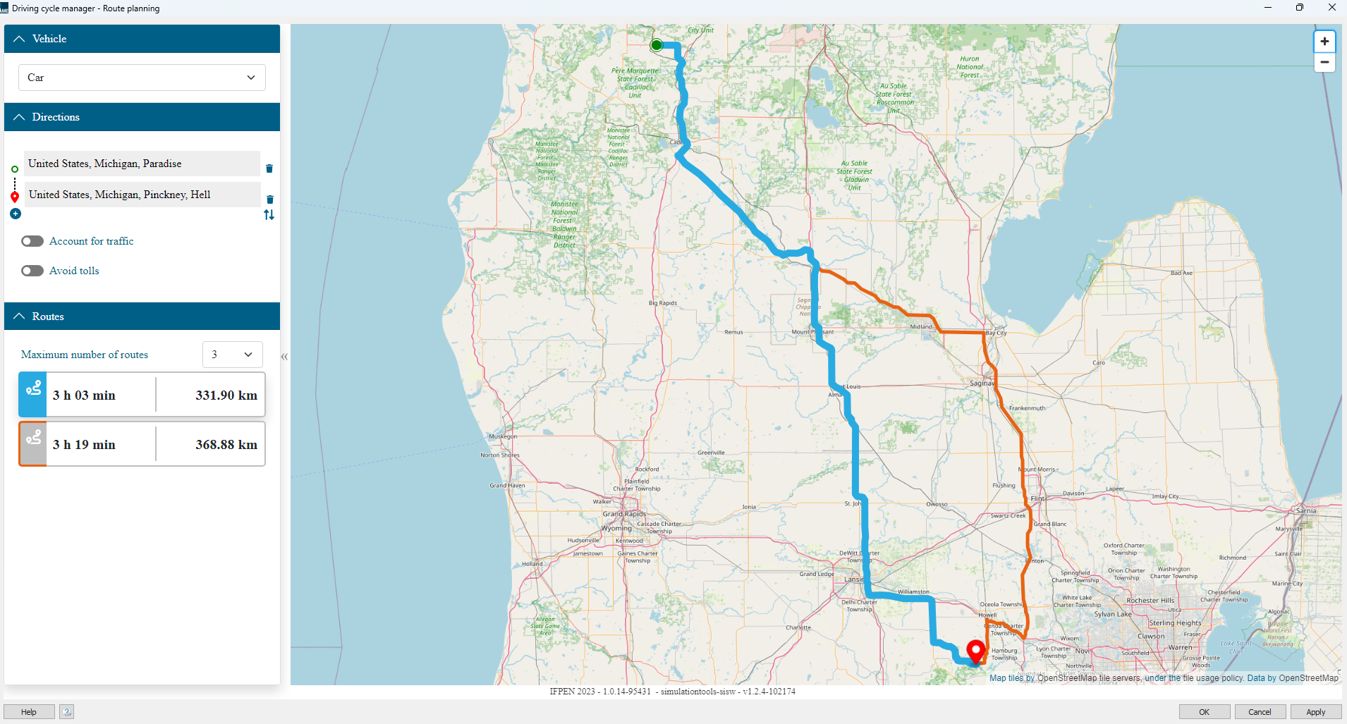 Route planning from Paradise to Hell (both in Michigan)