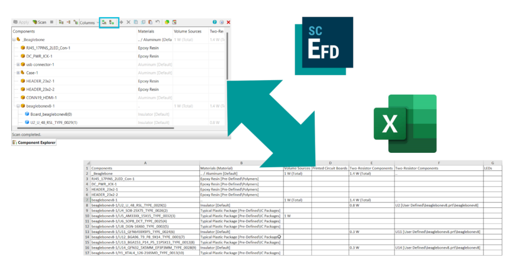 Simcenter FLOEFD 2306 component explorer Microsoft Excel Export and Import