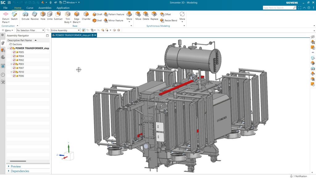 Power transformer design CAD import showing the different components including radiators, fans, tank, connection box, conservator etc, in Simcenter 3D