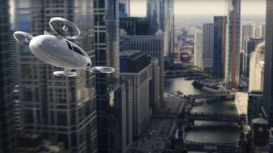UAV flying between buildings