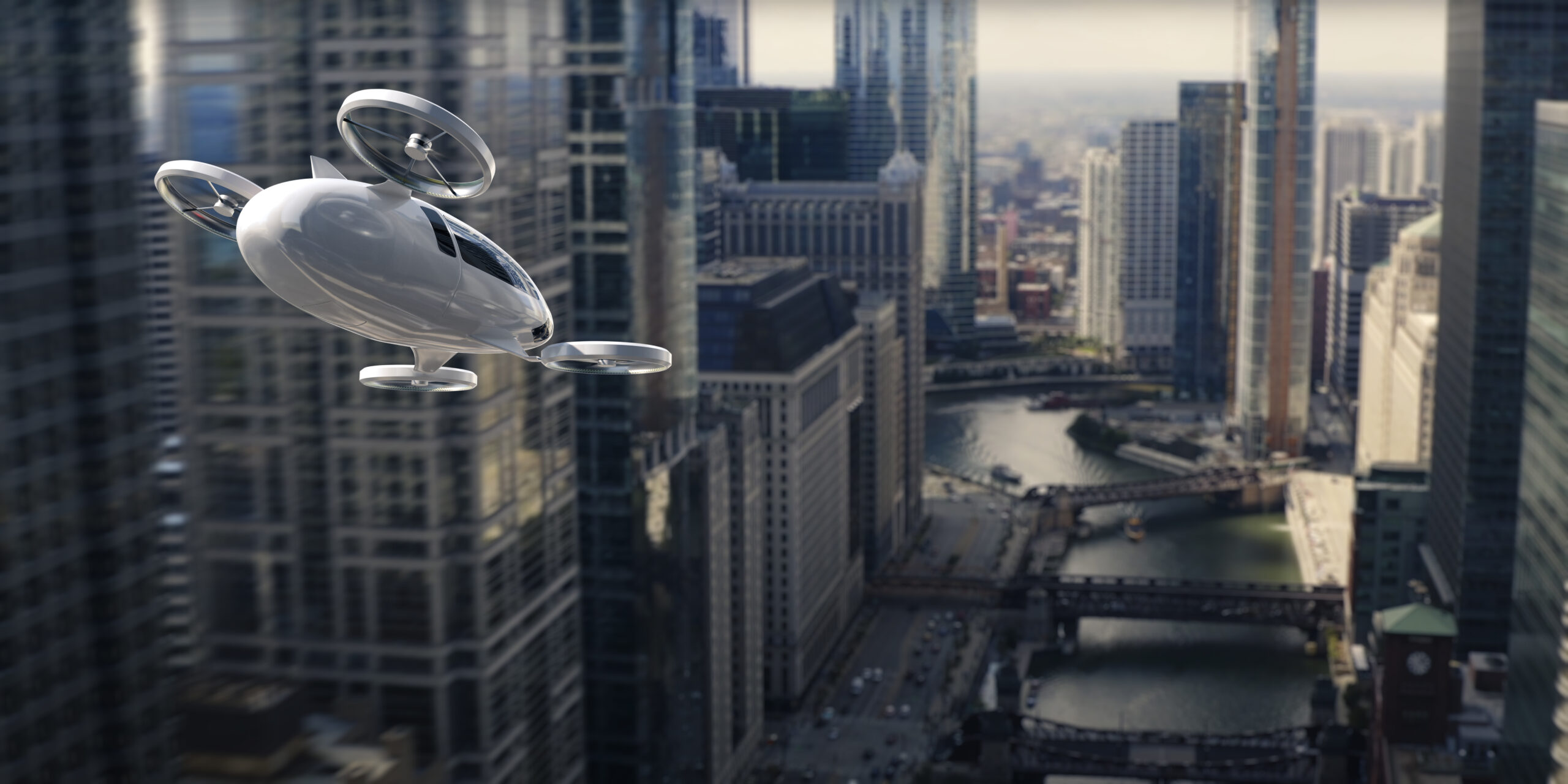 UAV flying between buildings
