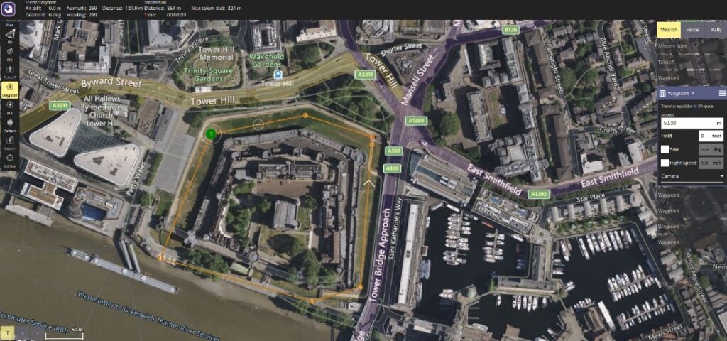 Waypoints specified in QGroundControl around the London Bridge area