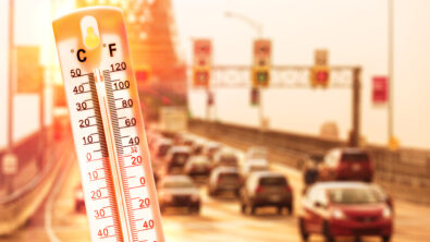 Cars crossing a bridge in high temperatures