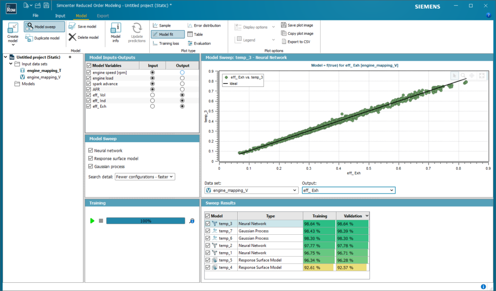 Screenshot from Simcenter Reduced Order Modeling software showing the model sweep function that guides the user to a choice of MOR method