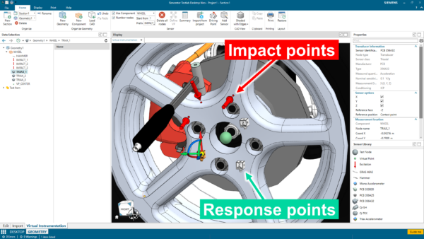 Virtual CAD geometry of a wheel with impact and response points