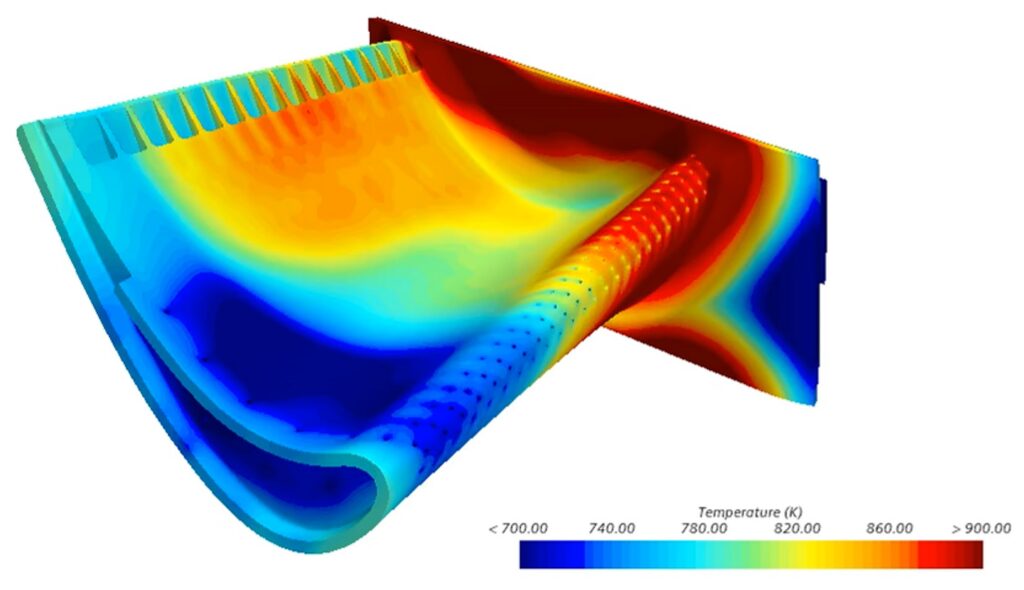 External and internal temperature for conjugate heat transfer turbine blade design space exploration with HEEDS AI Simulation Predictor, NX and Simcenter STAR-CCM+.