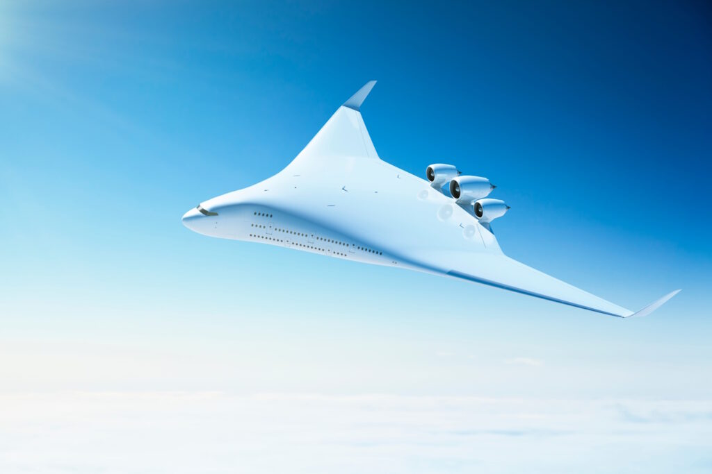 Large futuristic passenger airplane in blended wing body shape.