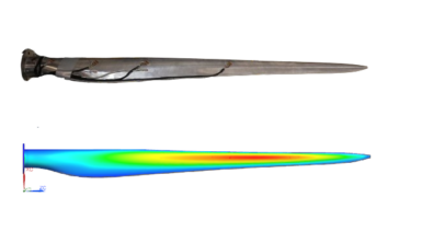 physical wind blade and its simulation counterpart with von-mises stress results overlayed.