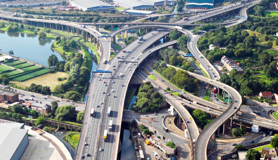 Aerial photo of Spaghetti Junction showing how even a simple road junction can become quite complicated once all the requirements are satisfied.