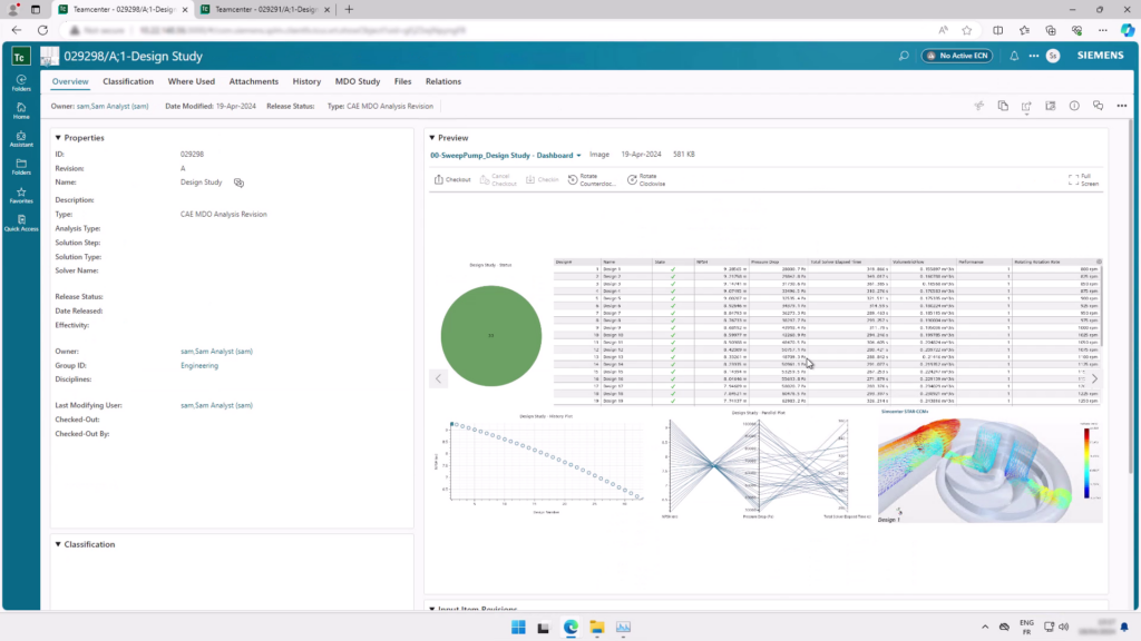 A design study using Design Manager in Simcenter STAR-CCM+, displayed in Teamcenter Simulation