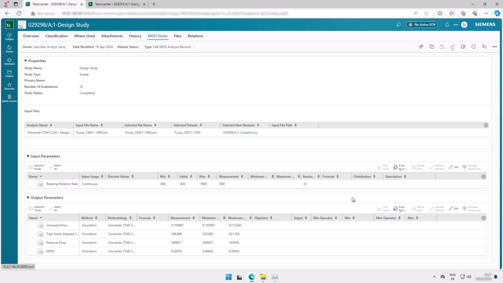 The MDO Study view displays the study definition including parameters variables and constraints, directly in Teamcenter Simulation SPDM software