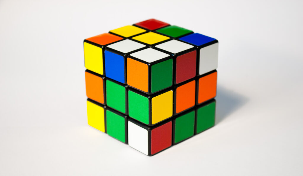 Just one of 43,252,003,274,489,856,000 possible permutations of an unsolved Rubik's cube.