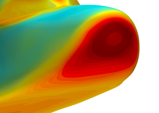 HL20 test case: surface temperature distribution with Equilibrium Air EOS in version 2406 - Close up