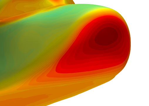 HL20 test case: surface temperature distribution with Equilibrium Air EOS in version 2410 - Close up