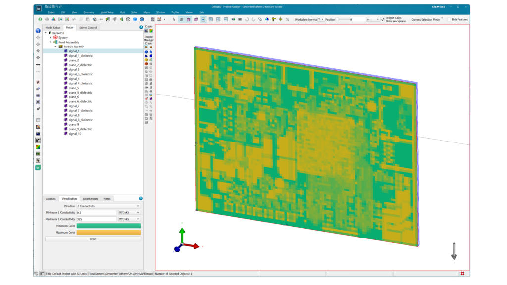 Viewing thermal conductivity values on a PCB imported from a Material Map file in Simcenter Flotherm 2410