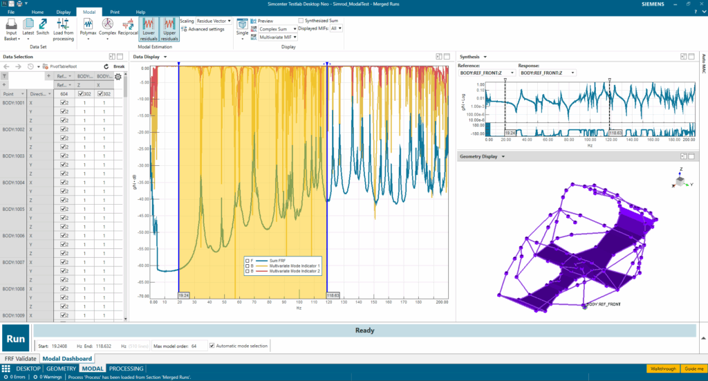 Analysis overview and interactive selection of the analysis band in Simcenter Testlab Neo