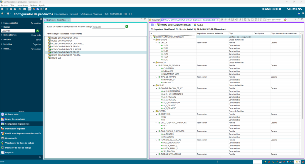 Teamcenter screenshot.  Product list management